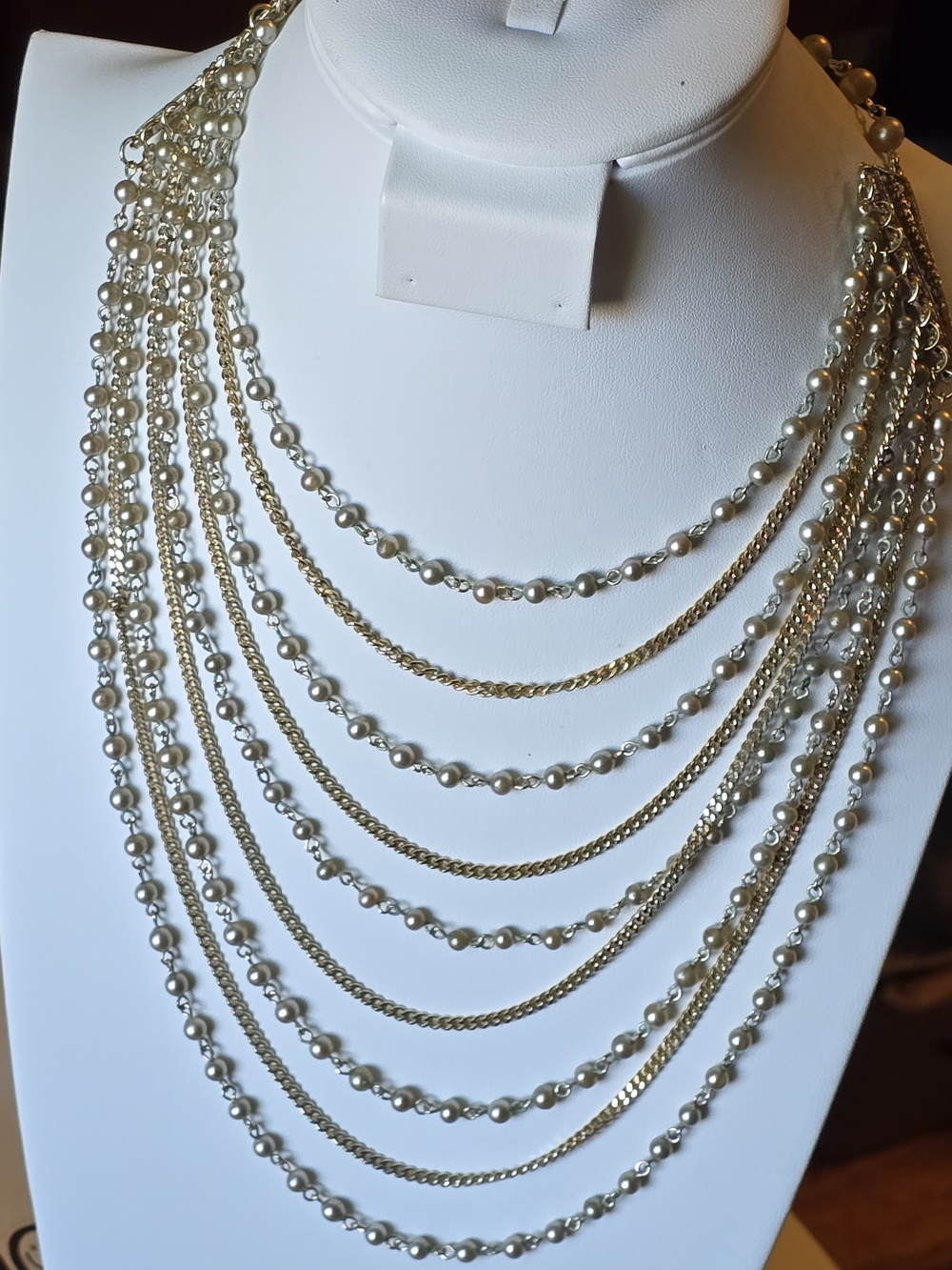 Layered White Pearl and Gold Multi-Strand Necklace